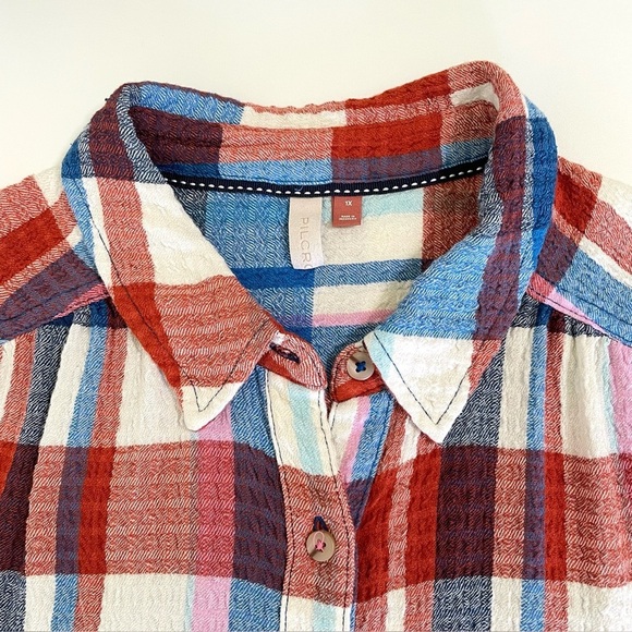 Anthropologie Pilcro Hadley Relaxed Buttondown Shirt Red White Blue Plaid 1X - Picture 13 of 16